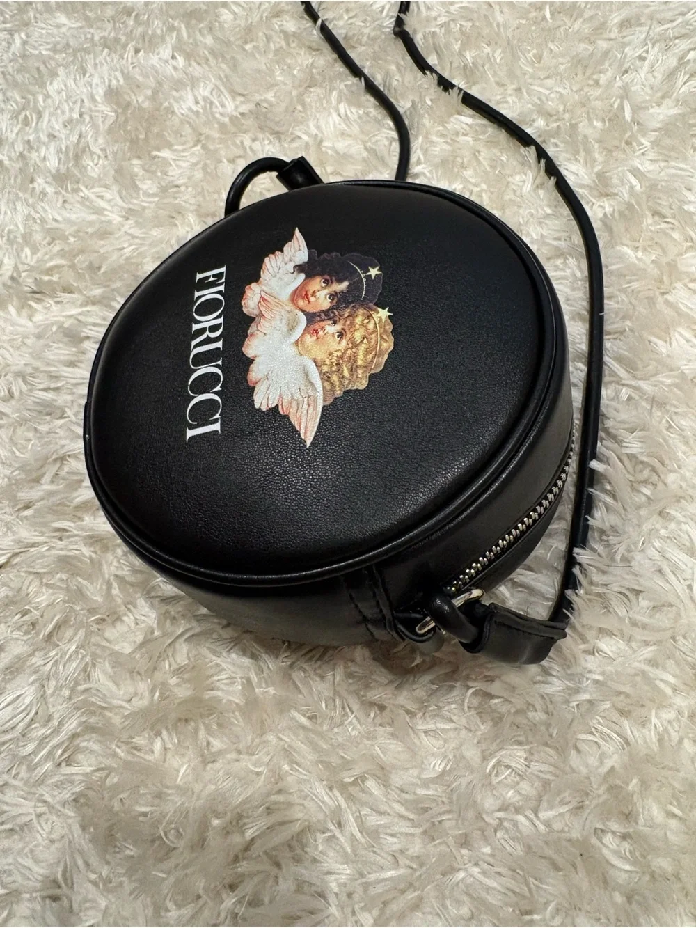 Fiorucci Black Round Crossbody Cherub Motif  Purse Crossbody Strap Leather